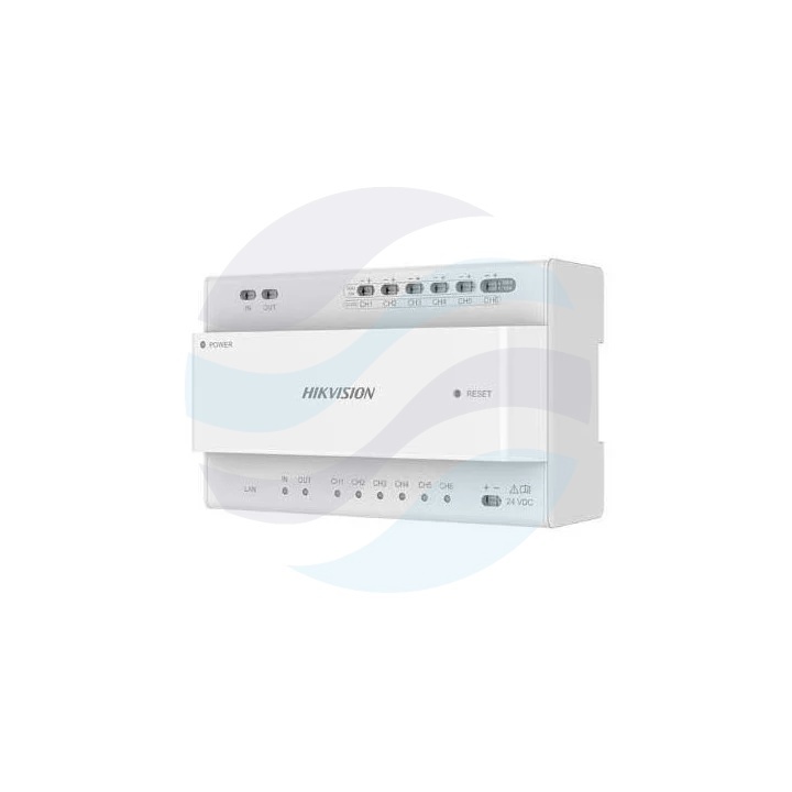 Hikvision DS-KAD7060EY-S Dystrybutor rozszerzający 2-Wire HD, 6x kanał do podłączenia DS-KAD7060EY, 2x interfejs kaskadowy IN/OUT do DS-KAD7060EY-S, zasilanie 48V DC, DIN 1