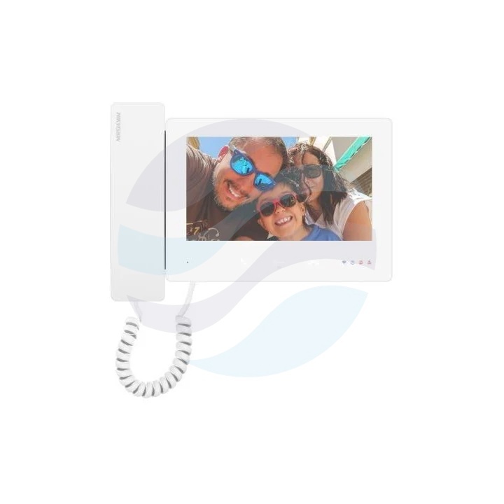 Hikvision DS-KH7300EY-WTHE2/White Monitor wideodomofonu 2-Wire HD 7 TFT 1024×600, ekran dotykowy, słuchawka, tryb głośnomówiący, Wi-Fi, obsługa 3 monitorów dodatkowych, microSD do 128GB, 1 wejście alarmowe, Hik-Connect, natynkowy, biały 1