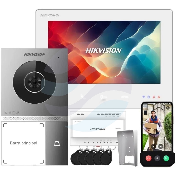 Hikvision DS-KIS705EY Zestaw wideodomofonowy IP 2-wire HD, kamera 2Mpx Full HD, kąt 135°, monitor dotykowy 7 cali 1024x600, Wi-Fi, czytnik Mifare, sterowanie furtką i bramą, Hik-Connect, IP65, IK08 1