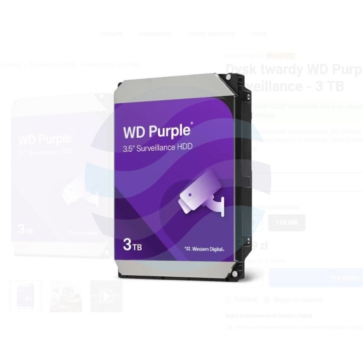Western Digital WD Purple 3 TB (WD34PURZ) Dysk CCTV do monitoringu 24/7 3.5" HDD, SATA III 6 Gb/s, 256 MB, 5400 obr./min 1