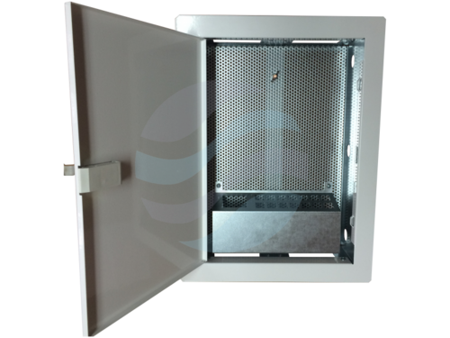 ALANTEC Szafka multimedialna 350x250x90, podtynkowa, drzwi perforowane, 1x gn. elektryczne, 14x keystone 1