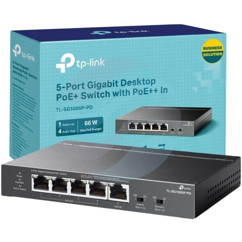 TP-Link SG1005P-PD, Switch gigabitowy zewnętrzny PoE 5x 10/100/1000Mb/s (1x PoE++ IN, 4x PoE+ OUT), 66W, desktop 1