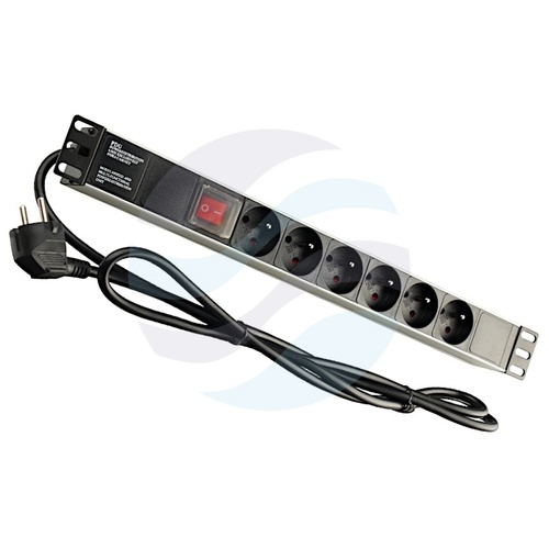 GETFORT Listwa zasilająca 19" 1U, 6x gniazd, wyłącznik, dłg. kabla 1.8m 1