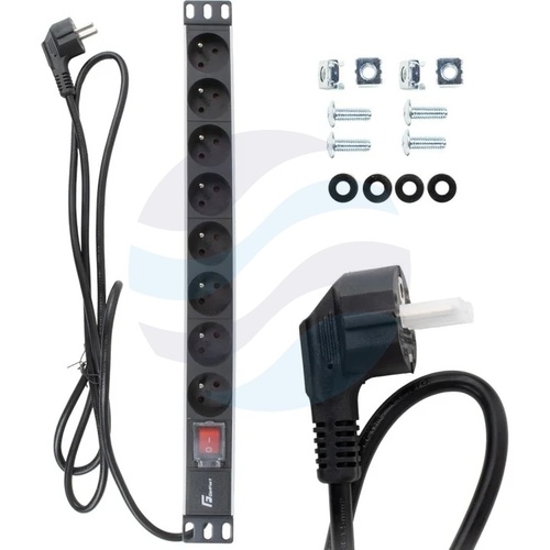 GETFORT Listwa zasilająca 19" 1U, 8x gniazd, wyłącznik, dłg. kabla 1.8m 1