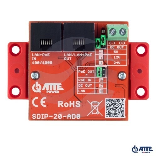 ATTE POWER SDIP‑20‑AD0 Adapter PoE Gigabit Ethernet obniżający napięcie Vout 5V/12V/24V, Pout max 20W 802.3at/af oraz... 1