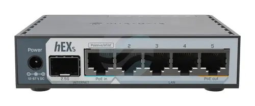 Mikrotik E60iUGS Router gigabitowy hEX S 5x 10/100/1000Mbps, 2x 950MHz, 512MB, 1x SFP 2.5G, zasilanie 12-57VDC lub 802.3af/at, 1x USB 2.0, L4 1