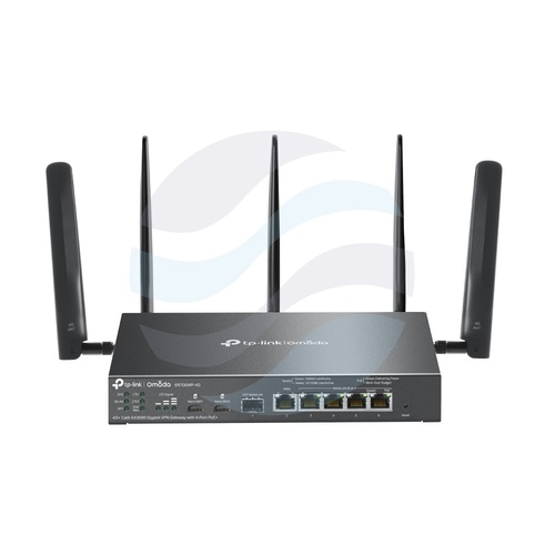 TP-Link ER706WP-4G Router Wi-Fi 6 4G+ Cat6 AX3000 Omada, 574/2402 Mb/s, 2,4/5 GHz, 3×4,5/3×5,5 dBi, 1× SFP Gigabit, 1× WAN Gigabit, 4× WAN/LAN Gigabit PoE+, 2× Nano SIM, zasilacz 53,5 V 1,31 A w zestawie, czarny 1