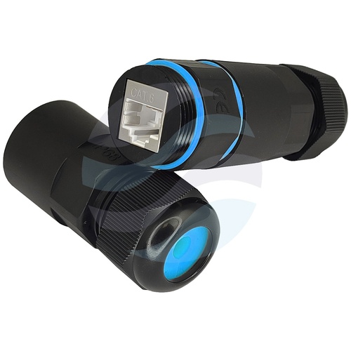 Mufa / Puszka połączeniowa sieciowa RJ45-RJ45 kat.6, STP/FTP max. 8mm, IP68 z dławikami, prosta czarna 1