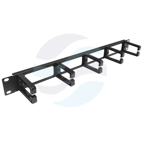 Organizator kabli poziomy 19" 1U z otworami, 5x uchwyt plastikowy oczkowy, mocowanie doczołowe, stal + plastik ABS, wym. 482x44x80mm, czarny 1