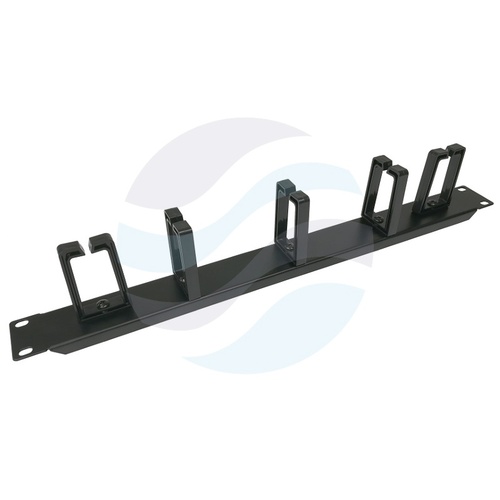 Organizator kabli poziomy 19" 1U, 5x uchwyt plastikowy (3 poziome + 2 pionowe), mocowanie doczołowe, stal + plastik ABS, czarny 1
