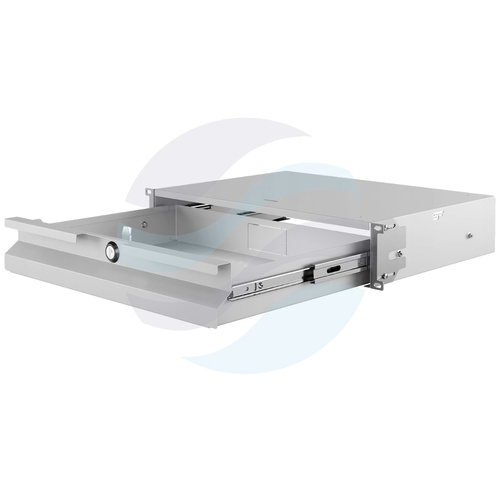 Szuflada zamykana Rack 19" 2U 320mm wysuwana, zamek z kluczem, przepust kablowy, regulacja ±40mm, nośność 20kg, szara 1
