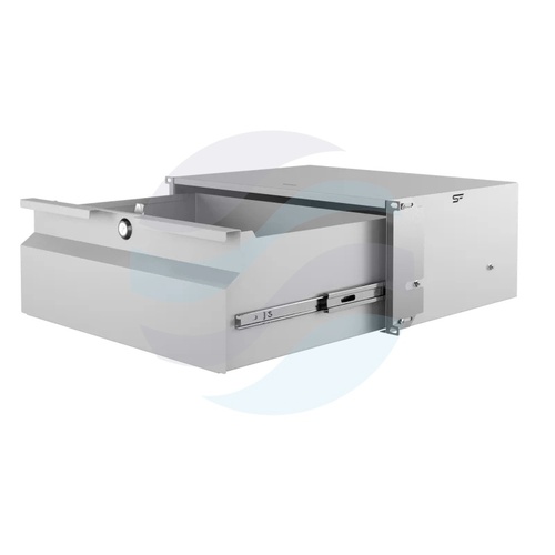 Szuflada zamykana Rack 19" 4U 320mm wysuwana, zamek z kluczem, wyłamywany przepust kablowy, regulacja ±40mm, nośność 15kg, szara 1