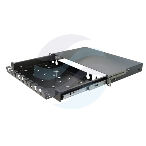 Szuflada zapasu kabla Rack 19" 1U 270mm, pełny wysuw 110%, grzebień na rzepy, przetłoczenia na kable, stal RAL9005, czarna 1