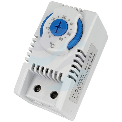 Termostat zamykający STS011 do sterowania wentylacją, styk NO, czujnik bimetaliczny, zakres 0-60°C, 230V AC, IP20, montaż szyna DIN 35mm, 60x43x33mm, jasnoszary 1