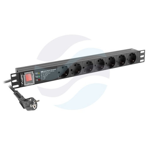 LANBERG Listwa zasilająca Rack 19" 1U, 7 gniazd SCHUKO, moduł przeciwprzepięciowy SPD-3MP, dłg. kabla 2m, czarna 1