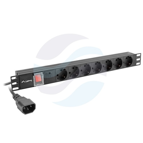 LANBERG Listwa zasilająca Rack 19" 1U, 7 gniazd SCHUKO, wtyk UPS IEC 320 C14, dłg. kabla 2m, czarna 1