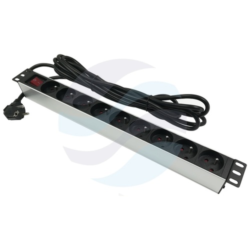 Listwa zasilająca Rack 19" 1U, 9 gniazd, aluminium, dłg. kabla 5m, srebrna 1