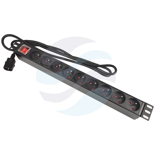 Listwa zasilająca Rack 19" 1U, 9 gniazd, wyłącznik, wtyczką IEC320 C14, dłg. kabla 1.8m 1