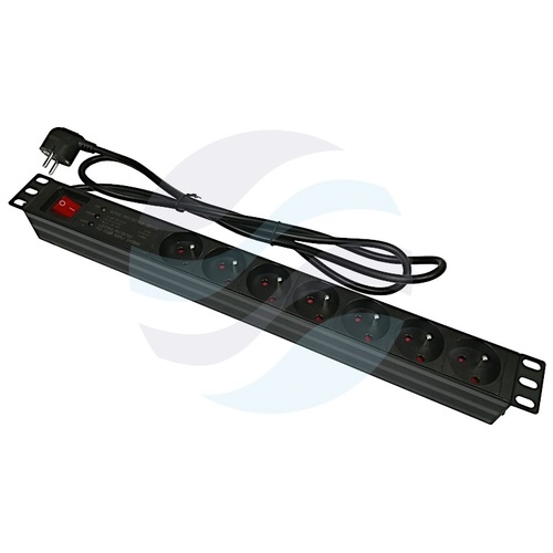 Listwa zasilająca Rack 19" 1U, 7 gniazd, wyłącznik, moduł przeciwprzepięciowy 10 kVA, dłg. kabla 1.8m 1