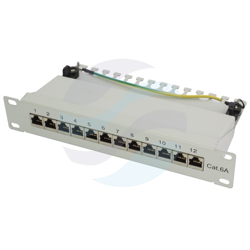 Patch panel STP 12-port RJ-45 KRONE, kat.6A, rack 10" 1U z podstawką, szary 1
