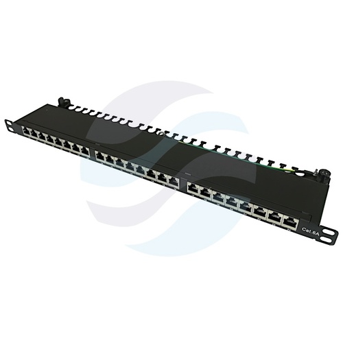 Patch panel STP 24-port RJ-45, kat.6A, rack 19" 0.5U z podstawką, czarny 1
