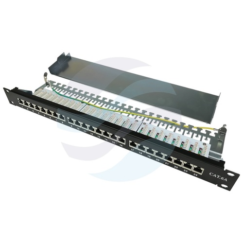 Patch panel STP 24-port RJ-45, kat.6A, rack 19" 1U z podstawką, czarny 1