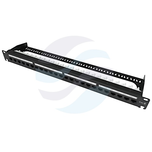 Patch panel UTP 24-port RJ-45 beznarzędziowy, kat.6, rack 19" 1U z tacką, czarny 1