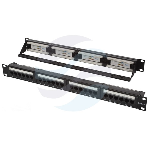 Patch panel UTP 24-port RJ-45 Dual IDC, kat.6, rack 19" 1U z tacką, czarny 1