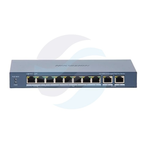 Hikvision DS-3E0310HP-E(C) Switch Hi-PoE niezarządzalny 8x 10/100Mb/s PoE + 2x Gigabit uplink, porty 1-2 Hi-PoE 802.3bt... 1